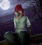  ace-nb anthro avian avismortis beak bird bottomwear clothing cody_(ace-nb/avismortis) dark feathers grey_beak hi_res hoodie jonas-puppeh male night orange_sclera pants red_body red_feathers sitting solo spooky_(disambiguation) text topwear tree url yellow_eyes 