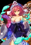  .sin 1girl black_bow blue_bow blue_kimono bow breasts bug butterfly cherry_blossoms cleavage fan folding_fan frilled_kimono frills hat highres insect japanese_clothes kimono large_breasts long_sleeves looking_at_viewer mob_cap obi pink_hair red_eyes saigyouji_yuyuko sash short_hair smile solo touhou triangular_headpiece wavy_hair wide_sleeves 