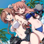  2girls 547th_sy bangs bikini bikini_under_clothes black_eyes black_gloves blue_bikini blush braid breasts brown_eyes brown_hair chou-10cm-hou-chan_(teruzuki&#039;s) clothes_writing day eyebrows_visible_through_hair gloves hachimaki hair_ornament headband highres johnston_(kantai_collection) kantai_collection large_breasts light_brown_hair long_hair medium_breasts multiple_girls open_mouth outdoors palm_tree propeller_hair_ornament sailor_bikini sailor_collar shorts single_glove sky swimsuit teruzuki_(kantai_collection) thigh_strap tree twin_braids two_side_up white_bikini 