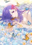  1girl bangs blue_butterfly breasts bug butterfly fate/stay_night fate_(series) floral_background flower hair_ribbon heaven&#039;s_feel insect light long_hair looking_at_viewer matou_sakura no_bra orange_butterfly partially_submerged petals purple_eyes purple_hair red_ribbon ribbon satsuya smile solo water wet wet_hair white_flower 