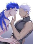  2boys archer bare_shoulders blue_hair chest couple cover cover_page cu_chulainn_(fate)_(all) dark_skin dark_skinned_male doujin_cover doujinshi earrings emya fate/grand_order fate/stay_night fate_(series) fingers_on_another&#039;s_face grey_eyes jewelry lancer long_hair male_focus multiple_boys muscle pectorals ponytail red_eyes shirtless short_hair sleeveless textless undressing_another white_hair yaoi 