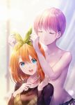  2girls :d bangs bini black_shirt blue_eyes bow bow_hairband brown_hair closed_eyes collarbone go-toubun_no_hanayome green_bow green_hairband hair_between_eyes hair_bow hair_brushing hairband highres holding holding_brush long_hair long_sleeves multiple_girls nakano_ichika nakano_yotsuba open_mouth panties pink_hair shiny shiny_hair shirt short_hair siblings side-tie_panties sisters smile topless underwear underwear_only upper_body 