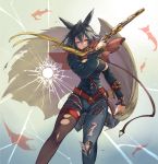  1girl absurdres animal_ears belt black_hair bracelet brown_cloak bullet_hole cleavage_cutout cloak cloak_removed crack denim fingernails frills glass granblue_fantasy gun highres holding holding_gun holding_weapon ilsa_(granblue_fantasy) jeans jewelry mismatched_legwear nos pants parted_lips red_belt red_eyes red_scarf scarf short_hair solo thigh_strap tongue tongue_out torn_cloak torn_clothes torn_legwear weapon 