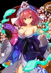  .sin 1girl black_bow blue_bow blue_kimono bow breasts bug butterfly cherry_blossoms cleavage fan folding_fan frilled_kimono frills hat highres insect japanese_clothes kimono large_breasts long_sleeves looking_at_viewer mob_cap obi pink_hair red_eyes saigyouji_yuyuko sash short_hair smile solo touhou triangular_headpiece wavy_hair wide_sleeves 