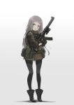  1girl absurdres assault_rifle boots commentary flashlight full_body gloves green_eyes gun highres holding holding_gun holding_weapon jacket long_hair oota_youjo original pantyhose parted_lips rifle silver_hair simple_background solo standing suppressor trigger_discipline weapon weapon_request 