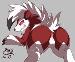  anus biped butt canid canine claws digital_media_(artwork) female feral fur genitals hi_res looking_at_viewer lycanroc mammal midnight_lycanroc nintendo pok&eacute;mon pok&eacute;mon_(species) pussy ruka simple_background smile solo video_games white_body white_fur 