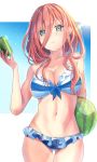  1girl ass_visible_through_thighs bangs bikini blue_eyes breasts brown_hair can cleavage closed_mouth collarbone cowboy_shot eyebrows_visible_through_hair food frilled_bikini frills fruit go-toubun_no_hanayome hair_between_eyes highres holding holding_can large_breasts long_hair looking_at_viewer nakano_miku navel shiny shiny_hair sideboob slime07 smile solo standing striped striped_bikini swimsuit thigh_gap watermelon 