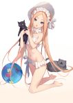  1girl abigail_williams_(fate/grand_order) abigail_williams_(swimsuit_foreigner)_(fate) ball bangs bare_shoulders barefoot beachball bikini black_cat blonde_hair blue_eyes bonnet bow braid breasts cat fate/grand_order fate_(series) forehead hair_bow hair_rings kneeling legs long_hair looking_at_viewer miniskirt navel open_mouth parted_bangs sakanasoko sidelocks simple_background skirt small_breasts swimsuit twin_braids twintails very_long_hair white_background white_bikini white_bow white_headwear 