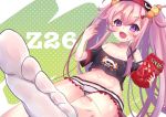  1girl :d azur_lane bandaid bandaid_on_knee bangs bare_shoulders black_shirt blush bugles bugles_on_fingers character_name collarbone commentary_request crop_top crop_top_overhang eyebrows_visible_through_hair fang flat_chest food food_on_face green_eyes groin hair_between_eyes hair_ornament hairclip highres holding holding_food long_hair looking_at_viewer loungewear manjuu_(azur_lane) micro_shorts midriff navel off-shoulder_shirt off_shoulder open_mouth pink_hair poco. polka_dot polka_dot_background purple_eyes shirt short_sleeves shorts sidelocks sitting sleep_mask smile socks solo twintails very_long_hair white_background white_legwear z26_(azur_lane) z26_(sharing_is_caring)_(azur_lane) 