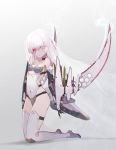  1girl absurdres blade breasts bridal_veil choker chromatic_aberration claws commentary_request covered_navel highres kneeling mecha_musume medium_hair oota_youjo original pink_eyes science_fiction simple_background small_breasts solo thighhighs veil white_hair 