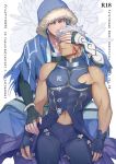  2boys archer_alter armor blue_hair broken_armor chest cover cover_page cu_chulainn_(fate)_(all) cu_chulainn_(fate/grand_order) dark_skin dark_skinned_male doujin_cover doujinshi earrings emya english_text fate/grand_order fate/stay_night fate_(series) fingerless_gloves gloves grey_eyes hand_over_another&#039;s_eyes hood jewelry male_focus multiple_boys muscle navel pectorals red_eyes short_hair white_hair yaoi 