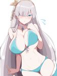  1girl anastasia_(fate/grand_order) aqua_bikini bangs bare_shoulders bikini blue_eyes blush breasts choker chopsticks cleavage collarbone fate/grand_order fate_(series) hair_over_one_eye hairband highres jewelry large_breasts long_hair looking_at_viewer navel pendant silver_hair simple_background swimsuit thighs very_long_hair white_background zvsixdz 