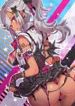  1girl arm_tattoo ass back bow breasts cleavage commentary_request dark_skin elf grey_hair hair_bow large_breasts looking_at_viewer original panties pointy_ears ponytail skirt solo tajima_ryuushi tattoo thighhighs tongue tongue_out underwear 