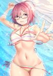  1girl absurdres bare_shoulders bikini blush breasts cleavage collarbone fate/grand_order fate_(series) fou_(ssqseeker) glasses hair_over_one_eye highres large_breasts lavender_hair layered_bikini looking_at_viewer lying mash_kyrielight navel on_back open_mouth outstretched_arm purple_eyes see-through short_hair side-tie_bikini smile striped striped_bikini swimsuit thighs untied untied_bikini water white_bikini 