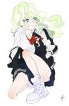  1girl artist_request blonde_hair blue_eyes cosplay crossover diana_cavendish full_body highres jacket kill_la_kill light_green_hair little_witch_academia matoi_ryuuko red_ribbon ribbon shirt shoes sitting sneakers solo source_request sukajan trigger_(company) white_background white_footwear white_shirt 