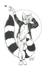  anthro black_and_white bracelet bulge cacomistle chester_ringtail_magreer clothed clothing fluffy fluffy_tail fur hi_res jacket jewelry leather leather_collar leather_jacket male mammal monochrome panties procyonid ringtail solo terrie_smith topwear traditional_media_(artwork) underwear 