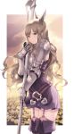  1girl armor armored_dress bangs belt boots breastplate breasts cait closed_mouth dress elbow_gloves fire_emblem fire_emblem_awakening garter_straps gauntlets gloves grey_eyes grey_hair highres large_breasts long_hair looking_at_viewer pauldrons polearm purple_dress shoulder_armor sidelocks smile spear sumia thigh_boots thighhighs thighs wavy_hair weapon wing_hair_ornament 