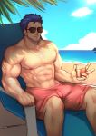 1boy abs alex_(cerealex) bara beach beard blue_eyes blue_hair chest chest_hair cup facial_hair fire_emblem fire_emblem_heroes hector_(fire_emblem) highres looking_at_viewer male_focus male_swimwear manly muscle nipples older pectorals shirtless smile solo summer sunglasses swim_trunks swimwear 