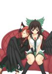  2girls absurdres abyss_arts adapted_costume animal_ear_fluff animal_ears bangs between_legs bird_wings black_dress black_gloves black_hair black_wings braid breasts cat_ears cat_tail cleavage collarbone commentary_request couch dress expressionless facing_viewer feathered_wings feet_out_of_frame gloves green_skirt hair_between_eyes hair_ribbon hand_between_legs highres juliet_sleeves kaenbyou_rin knees_together_feet_apart large_breasts leaning_on_person long_hair long_sleeves looking_down miniskirt multiple_girls multiple_tails on_couch parted_lips petticoat ponytail puffy_sleeves red_hair reiuji_utsuho ribbon shirt simple_background single_glove sitting skirt sleeping sleeveless sleeveless_shirt sweatdrop swept_bangs tail third_eye touhou twin_braids v_arms very_long_hair white_background white_shirt wing_hug wings 