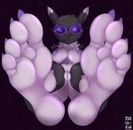  4_toes anthro anus areola big_breasts black_body breasts claws digimon digimon_(species) eyewear fedupfox feet female foot_focus genitals glasses hi_res inola multicolored_body neck_tuft nude presenting pussy renamon solo toe_claws toes tuft two_tone_body 