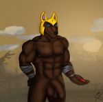  abs anthro anubian_jackal armor balls bandage bandaged_arm big_balls big_penis canid canine canis domination duo flaccid flaccid_cock foreskin genitals hi_res jackal league_of_legends male male/male mammal minion minion_(lol) muscular nasus_(lol) nipples penis purpleone riot_games shurima submissive thick_thighs uncut video_games wide_hips worship worshiping 
