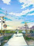  1girl absurdres arms_behind_back black_eyes black_hair cloud farm grass greenhouse highres hill horizon huge_filesize light_smile loafers long_hair looking_at_viewer looking_back original outdoors pleated_skirt railroad_crossing road road_sign rural sakura_inu_(itoyatomo) scenery school_briefcase school_uniform serafuku shadow shoes sign signature skirt sky solo sunset tree water 