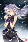  1girl artist_name black_dress black_gloves closed_mouth commentary cowboy_shot dated dress eyebrows_visible_through_hair fingerless_gloves gloves highres long_dress long_hair looking_at_viewer lyrical_nanoha mahou_shoujo_lyrical_nanoha mahou_shoujo_lyrical_nanoha_a&#039;s red_eyes reinforce san-pon signature silver_hair sleeveless sleeveless_dress smile snow solo standing translated waist_cape wind 