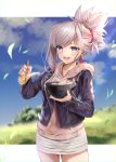  1girl absurdres blush bowl chopsticks cloud collarbone cowboy_shot day earrings eyebrows_visible_through_hair fate/grand_order fate_(series) food hane_yuki highres holding holding_bowl holding_food jacket jewelry long_sleeves looking_at_viewer miyamoto_musashi_(fate/grand_order) open_mouth outdoors ponytail sky solo standing under_the_same_sky 