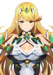  1girl :3 blonde_hair breasts brown_eyes cleavage_cutout commentary earrings gloves highres hikari_(xenoblade_2) jewelry large_breasts long_hair looking_at_viewer nuezou paizuri_invitation simple_background smile solo tiara upper_body very_long_hair white_background white_gloves xenoblade_chronicles_(series) xenoblade_chronicles_2 yellow_eyes 
