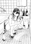  1girl bangs bare_arms bare_legs bare_shoulders barefoot bath bath_stool bathroom bathtub bottle breasts cleaning cleavage closed_eyes closed_mouth collarbone commentary_request eyebrows_visible_through_hair greyscale highres hiwatari_rin holding indoors long_hair medium_breasts mirror monochrome original reflection shampoo_bottle short_shorts shorts shower_head smile solo sponge spray_bottle squatting stool tank_top tile_floor tile_wall tiles tiptoes water 