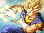  1boy blonde_hair blue_sky dragon_ball dragon_ball_z earrings energy fighting_stance gloves green_eyes grin highres incoming_attack jewelry looking_at_viewer male_focus mattari_illust muscle open_hands potara_earrings sky smile solo spiked_hair super_saiyan super_saiyan_1 vegetto white_gloves 
