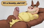  activision anthro balls blue_eyes bowserboy101 brown_body canid canine canis crash_bandicoot_(series) crocodile crocodilian crocodylid dingo dingodile genitals grin hand_behind_head hi_res holding_balls humanoid_genitalia humanoid_penis hybrid male mammal nipples nude overweight overweight_anthro overweight_male penis pink_penis reptile scalie simple_background smile solo speech_bubble teeth vein video_games 