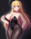  1girl absurdres animal_ears areola_slip areolae azur_lane black_legwear blonde_hair blue_eyes breasts bunny_ears bunny_girl bunnysuit cleavage collarbone covered_navel fake_animal_ears highres large_breasts long_hair looking_at_viewer north_carolina_(azur_lane) pantyhose piao_mao smile solo 