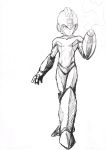  1boy absurdres android cannon closed_mouth expressionless full_body helmet highres looking_at_viewer male_focus monochrome murata_yuusuke rockman rockman_(character) rockman_(classic) sketch solo standing traditional_media 