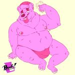 1:1 2020 anthro belly bodily_fluids bulge clothing cute_fangs el_booki fur hat headgear headwear hi_res male mammal moobs nipples overweight overweight_male pink_body pink_fur simple_background solo sweat tongue tongue_out underwear ursid white_background 