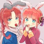  1boy 1girl :d ahoge animal_ears aqua_eyes arm_wrap bangs blue_eyes braid braided_ponytail brother_and_sister bun_cover bunny_boy bunny_ears bunny_girl bunny_tail chibi double_bun eating food food_on_face fruit gintama heart kagura_(gintama) kamui_(gintama) long_hair long_sleeves lowres mouth_hold nuka open_mouth red_hair scarf siblings sidelocks simple_background single_braid smile strawberry tail tassel upper_body 