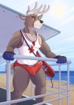  absurd_res anthro antlers beach blue_eyes bodily_fluids brown_body brown_fur bulge cervid chest_tuft clothing erection fur genital_fluids genitals hi_res horn humanoid_genitalia humanoid_penis lifeguard lifeguard_tower male mammal muscular muscular_anthro muscular_male outside pecs pectoral_bulge penis poking_out precum precum_drip precum_on_clothing sea seaside shirokoi shirt short_tail solo speedo swimwear tank_top topwear torpedo tuft wardrobe_malfunction water whistle 