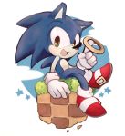  2018 anthro biped blue_body blue_fur blue_sky clothing cloud crossed_legs eulipotyphlan footwear fur gloves grass green_eyes green_hill_zone handwear hedgehog holding_object kzmn male mammal open_mouth open_smile ring_(sonic) shoes simple_background sitting sky smile solo sonic_the_hedgehog sonic_the_hedgehog_(series) white_background 