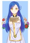  1girl absurdres blue_background blue_hair book crossed_arms england flower gold_trim hair_flower hair_ornament highres holding holding_book honzuki_no_gekokujou long_hair looking_at_viewer maine_(honzuki_no_gekokujou) nana_ichi robe simple_background smile standing white_robe wide_sleeves yellow_eyes 