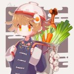  1girl artist_name bowl bowl_hat brown_hair carrot chinese_clothes egasumi egg_hair_ornament food_themed_hair_ornament garlic hair_ornament hat highres orange_eyes original outline pot short_hair solo sorata123 spring_onion tangzhuang two-tone_background upper_body white_outline 