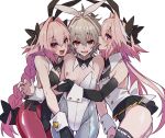  3boys animal_ears ass astolfo_(fate) astolfo_(saber)_(fate) bare_shoulders blush bow bowtie braid braided_ponytail bunny_ears bunnysuit commentary_request cowboy_shot detached_collar eyebrows_visible_through_hair fake_animal_ears fate/apocrypha fate/grand_order fate_(series) grey_hair hair_between_eyes hair_bow haoro highlights leotard long_hair looking_at_viewer multicolored_hair multiple_boys nipples open_mouth otoko_no_ko pantyhose pink_hair purple_eyes red_eyes sieg_(fate/apocrypha) simple_background sleeveless standing strapless strapless_leotard thighhighs tongue two-tone_hair white_background white_hair wrist_cuffs 