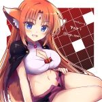  1girl animal_ears arf arm_support bangs blue_eyes breasts character_name cleavage cleavage_cutout commentary copyright_name crop_top eyebrows_visible_through_hair forehead_jewel hand_on_hip large_breasts long_hair looking_at_viewer lyrical_nanoha mahou_shoujo_lyrical_nanoha micro_shorts midriff navel open_mouth parted_bangs pink_shirt purple_shorts red_hair shirt shorts sitting smile solo tail tougo twitter_username yokozuwari 