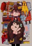 1girl absurdres artist_name badge boombox brown_hair button_badge chinese_clothes closed_eyes commentary_request cowboy_shot earrings facing_viewer figure glasses hat highres holding holding_mask jewelry lantern mask original paper_lantern price_tag qing_guanmao round_eyewear rubber_chicken shop shopkeeper short_hair sign sorata123 tassel tassel_earrings trash_can warning_sign wide_sleeves 