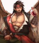  1boy abs alex_(cerealex) bandages bara beard belt bottle brown_eyes brown_hair bulge chest facial_hair feathered_wings fire_emblem fire_emblem_heroes headband highres male_focus manly muscle mustache nipples open_mouth pants pectorals pointy_ears scar smile solo tibarn_(fire_emblem) wings 