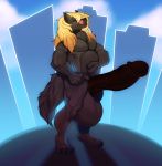  2020 absurd_res anthro balls belly belly_rub biceps big_balls big_penis black_body black_fur blue_eyes canid canine canis city city_background cityscape cloud ectogoat erection fox fur genitals hi_res huge_balls huge_penis humanoid_genitalia humanoid_penis hybrid hyper hyper_balls hyper_genitalia hyper_penis licking licking_lips looming macro male mammal muscular neck_bulge nude oral_vore pecs penis quads shadow solo springfield swallowing tail_tuft tongue tongue_out tuft vore wolf 