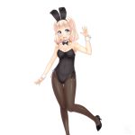  1girl absurdres animal_ears black_footwear black_legwear black_leotard black_neckwear blonde_hair blue_eyes bow bowtie bunny_ears bunny_girl bunnysuit detached_collar feet_out_of_frame fishnet_legwear fishnets hair_bobbles hair_ornament high_heels highres leotard long_hair looking_at_viewer new_game! open_mouth pantyhose sainohikari sakura_nene simple_background smile solo standing strapless strapless_leotard twintails white_background wrist_cuffs 