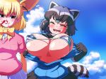  2girls alternate_breast_size animal_ears bangs bikini bikini_top bikini_under_clothes black_hair black_neckwear blonde_hair blood blue_cardigan blue_sky bouncing_breasts bow bowtie breast_pocket breasts breasts_outside brown_eyes cardigan closed_eyes cloud common_raccoon_(kemono_friends) covered_nipples day elbow_gloves empty_eyes extra_ears fang fennec_(kemono_friends) fox_ears fur_collar gloves grey_hair gussuripii highres horizontal_stripes huge_breasts kemono_friends looking_at_another medium_hair multicolored_hair multiple_girls nosebleed open_cardigan open_clothes open_mouth outdoors parted_lips pink_sweater pocket raccoon_ears raccoon_tail shiny shiny_skin short_sleeve_sweater short_sleeves skindentation skirt sky smile stomach striped striped_bikini striped_swimsuit striped_tail sweat sweater swimsuit swimsuit_under_clothes tail textless two-tone_hair unaligned_breasts undressing upper_body upper_teeth yellow_neckwear 