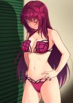  1girl bangs bare_shoulders bikini blush breasts cleavage closed_eyes closed_mouth collarbone fate/grand_order fate_(series) flower ganmu_guo_zi_jiang hair_flower hair_ornament hands_on_hips hibiscus highres large_breasts long_hair navel purple_bikini purple_hair scathach_(fate)_(all) scathach_(swimsuit_assassin)_(fate) scowl swimsuit thighs 