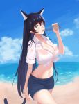 1girl absurdres animal_ears aqua_eyes arknights bangs beach black_hair blaze_(arknights) blue_shorts blue_sky bottle breasts cat_ears cat_tail cleavage cloud commentary_request cowboy_shot crop_top day dhsl hand_up highres holding holding_bottle large_breasts long_hair looking_at_viewer midriff navel ocean open_mouth shirt short_shorts short_sleeves shorts sky solo standing stomach tail thighs tied_shirt very_long_hair water white_shirt 