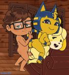  2020 all_fours animal_crossing ankha_(animal_crossing) anthro anthro_penetrated anus brown_hair canid canine canis doggystyle domestic_cat domestic_dog egyptian eyewear eyewear_only felid feline felis female female_on_human female_penetrated from_behind_position genitals glasses glasses_only group group_sex hair hi_res human human_on_anthro human_penetrating human_penetrating_anthro interspecies isabelle_(animal_crossing) looking_at_viewer male male/female male_on_anthro male_penetrating male_penetrating_female mammal nintendo nude penetration penile penile_penetration penis pussy revtilian sex shih_tzu side_view smile threesome toy_dog vaginal vaginal_penetration video_games villager_(animal_crossing) 